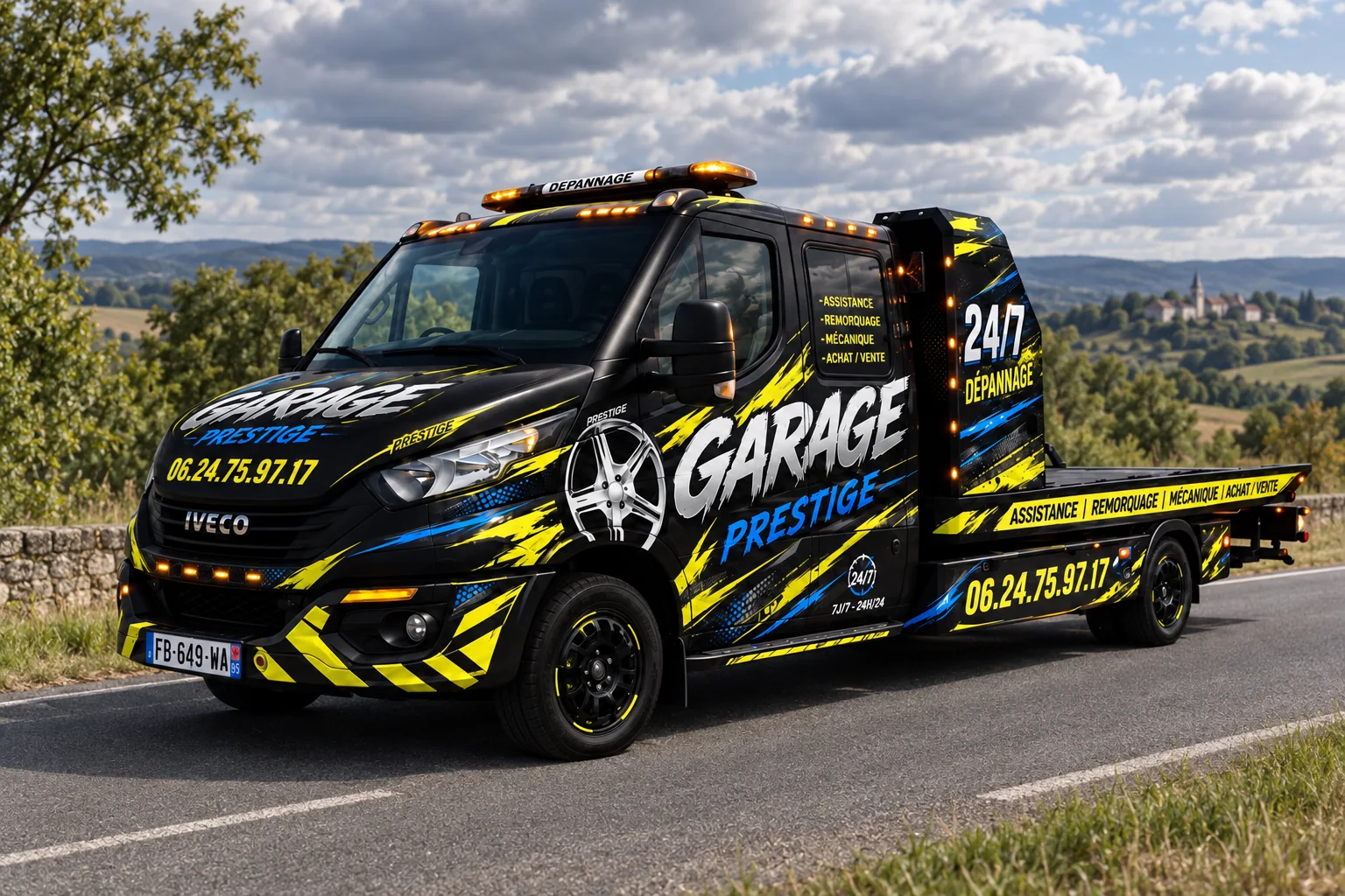 Camion de dépannage et de remorquage aux couleurs de Garage Prestige